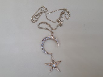 Gold Necklace with Unique Diamonds Pendant of Half Moon and Star