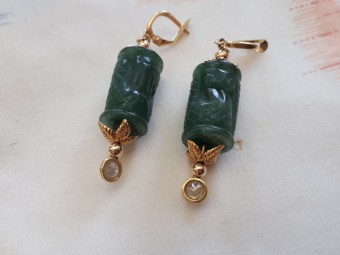 Gold Earrings with Jades and Diamonds